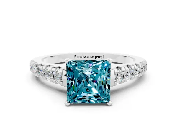 Princess Cut Blue Topaz Cathedral Solitaire Ring with Round Pavé Band Platinum