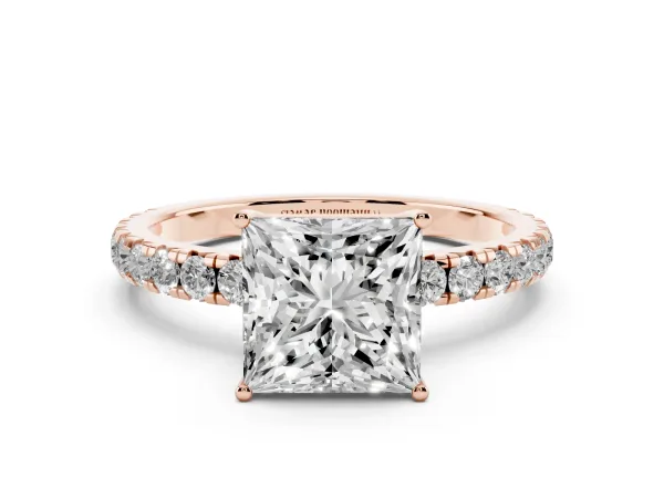 Princess Cut Diamond Pavé Solitaire Engagement Ring with Four-Prong Setting Rose gold