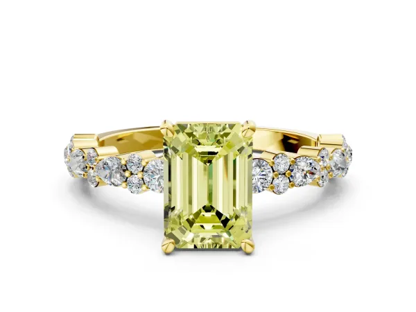 Fancy Yellow Emerald Cut Diamond Side Stone Solitaire Ring with Round and Four-Prong Setting Yellow gold