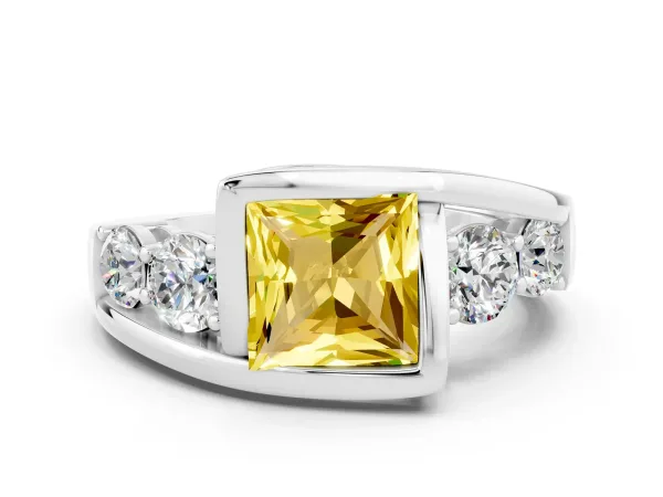 Bezel Set Princess Cut Yellow Sapphire Bypass Ring with Round Accents Platinum