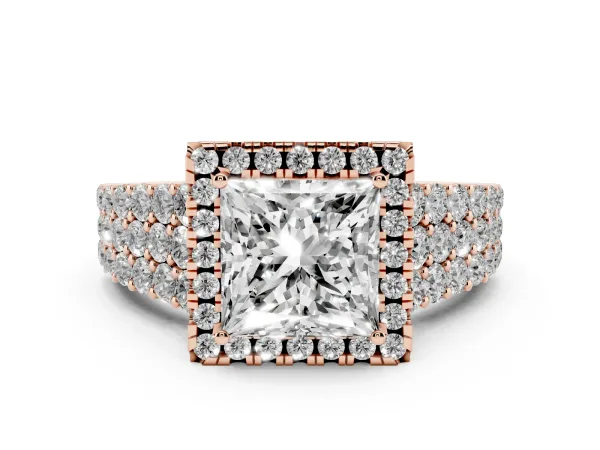 Princess Cut Diamond Halo Engagement Ring with Triple Row Round Pavé Band and Prong Setting Rose gold