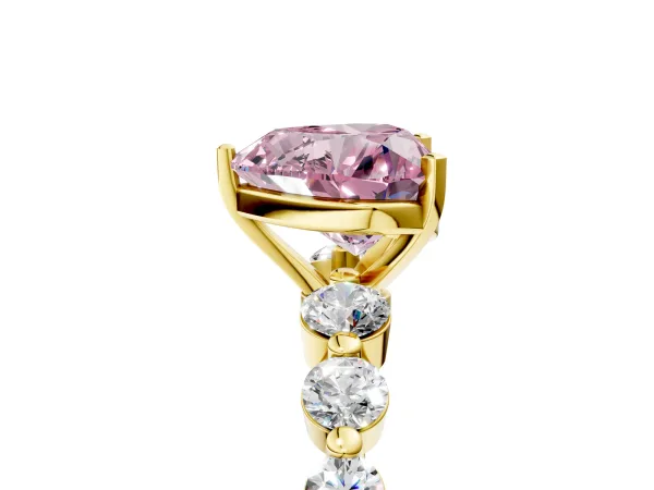 Fancy Pink Heart Cut Solitaire Diamond Ring with Pave Band and Four-Prong Setting Yellow gold