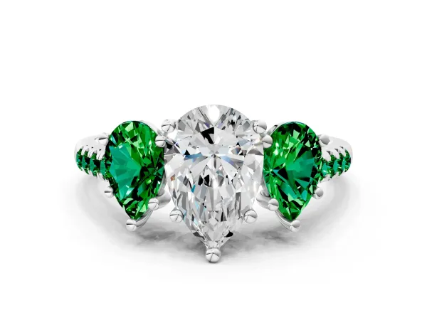 Three-Stone Pear Cut Diamond Ring with Round Emerald Pavé Band and Prong Setting White gold