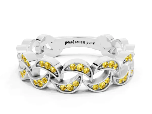 Pavé Round Yellow Sapphire Interlocking Eternity Band with Bezel Prong Setting Platinum