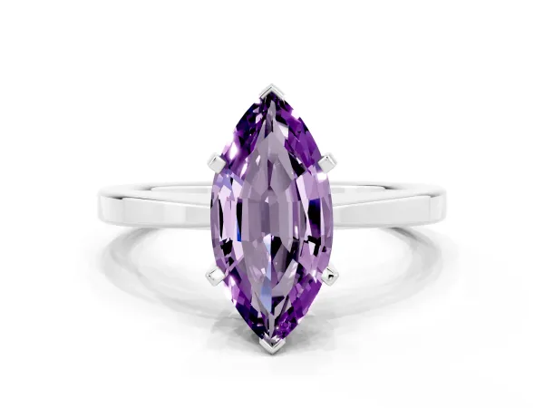 Marquise Cut Amethyst Solitaire Engagement Ring with Classic Band and Four-Prong Setting Silver