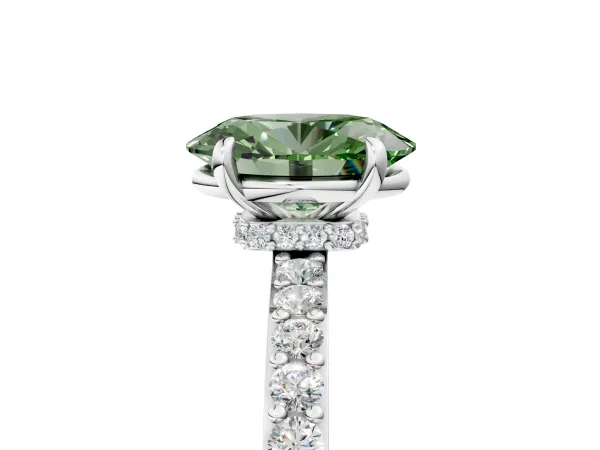 Fancy Green Oval Cut Diamond Solitaire Engagement Ring with Pavé Band and Four-Prong Setting Platinum