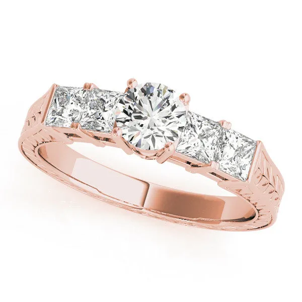 Asscher Cut Solitaire Princess Side Stone Engraved Band Prong Setting Ring Rose gold