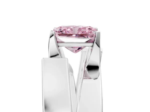 Fancy Pink Modern Tension Set Radiant Cut Diamond Solitaire Wide Band Ring Silver