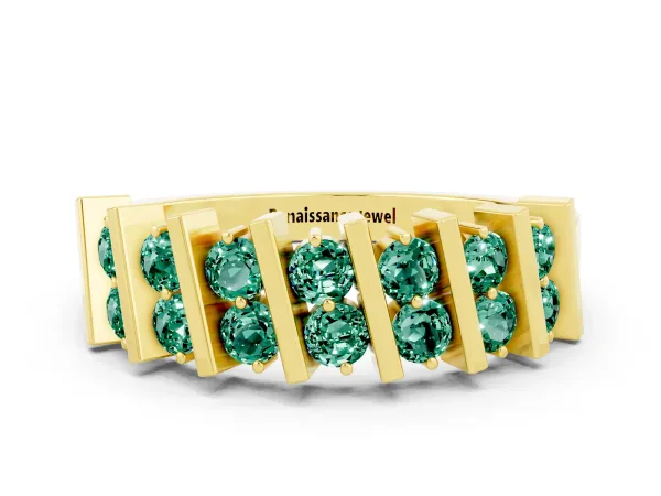 Channel Set Round Green Sapphire Anniversary Band with Vertical Prongs Yellow gold