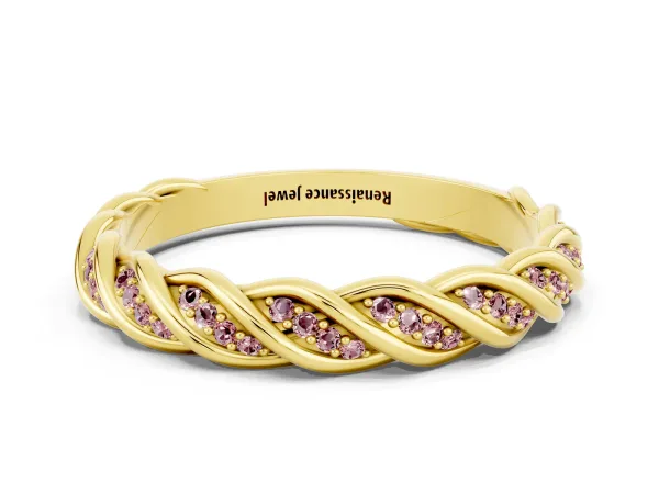 Twisted Pavé Round Morganite Eternity Band with Shared Prong Setting Yellow gold