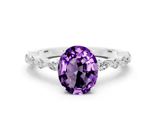 Oval Cut Amethyst Ring with Marquise and Round Side Stones and Four-Prong Setting White gold