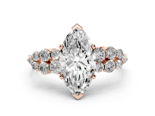 Marquise Cut Cluster Diamond Engagement Ring with Pavé Band and Four-Prong Setting Rose gold