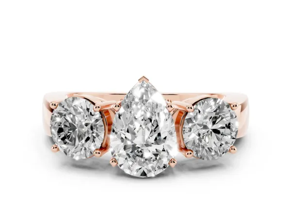 Three-Stone Pear Cut Diamond Ring with Round Side Stones, Classic Band, and Four-Prong Setting Rose gold