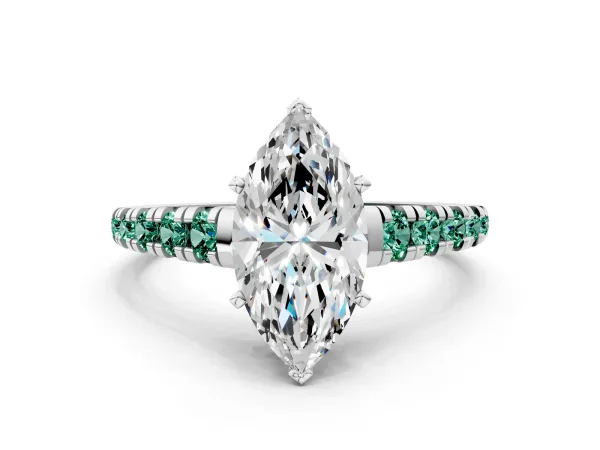 Marquise Cut Diamond Cathedral Solitaire Ring with Round Green Sapphire Pavé Band White gold