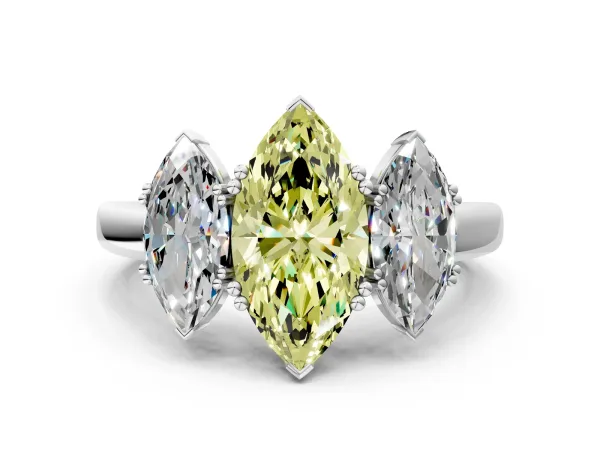 Fancy Yellow Three-Stone Marquise Cut Cut Diamond Ring with Channel Set Band and Four-Prong Setting Platinum