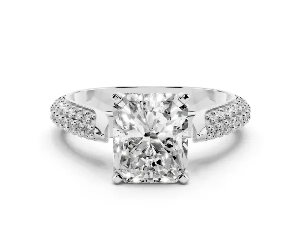 Radiant Cut Diamond Solitaire Engagement Ring with Multi-Row Round Pavé Band and Prong Setting White gold