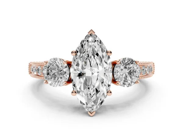 Marquise Cut Three-Stone Diamond Ring with Pavé Band and Four-Prong Setting Rose gold