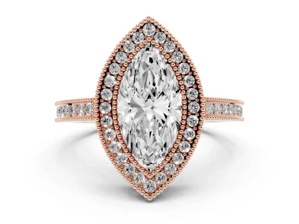 Marquise Cut Cut Halo Diamond Ring with Pavé Band and Milgrain Prong Setting Rose gold