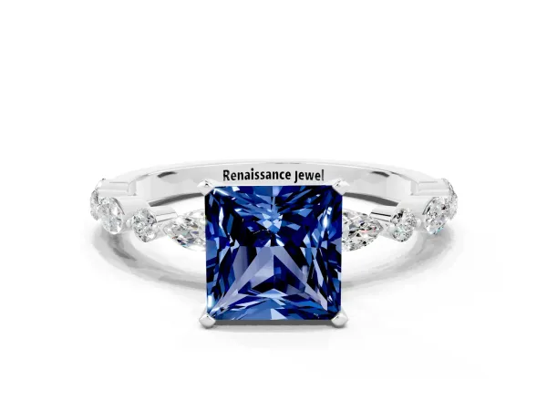 Princess Cut Blue Sapphire Ring with Marquise and Round Side Stones and Four-Prong Setting White gold