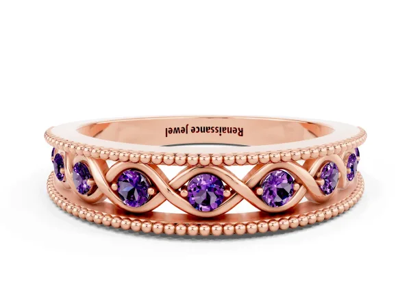 Round Amethyst Twist Milgrain Band with Bezel Setting Rose gold