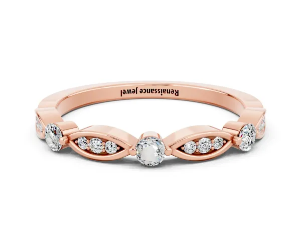 Marquise and Round Moissanite Milgrain Band with Bezel Setting Rose gold