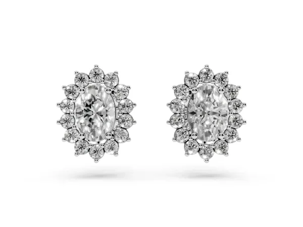 Oval Diamond Floral Halo Stud Earrings Platinum