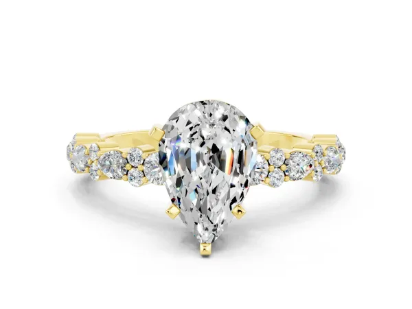 Pear Cut Moissanite Side Stone Solitaire Ring with Round and Four-Prong Setting Yellow gold