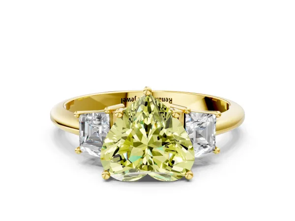 Fancy Yellow Heart Cut Diamond Three-Stone Ring with Trapezoid Side Stones and Prong Setting Yellow gold