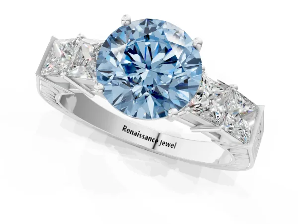 Fancy Blue Round Cut Solitaire Princess Side Stone Engraved Band Prong Setting Ring Silver