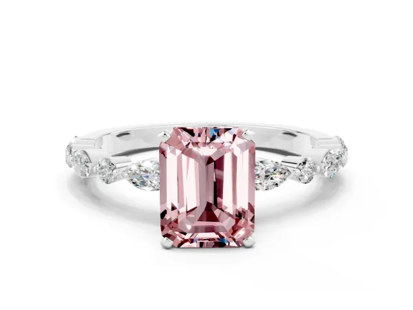 Emerald Cut Morganite Ring with Marquise and Round Side Stones and Four-Prong Setting White gold