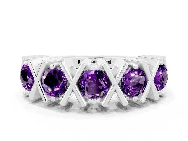 Round Amethyst Channel Set Band with X-Prong Detail Platinum