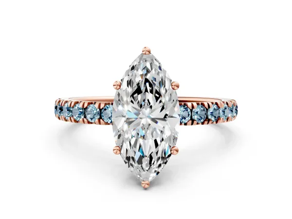 Marquise Cut Diamond Pave Band Solitaire Ring with Round Aquamarine and Prong Setting Rose gold