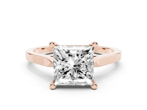 Princess Cut Solitaire Diamond Ring with Four-Prong Setting and Tapered Band Rose gold