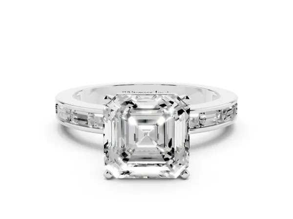 Asscher Cut Solitaire Diamond Ring with Channel-Set Baguette Band and Four-Prong Setting White gold
