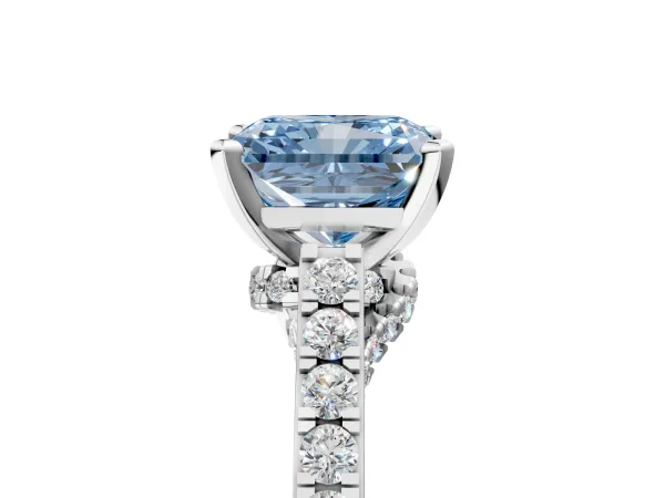 Fancy Blue Radiant Cut Diamond Solitaire Ring with Crossover Gallery and Round Pavé Band Platinum