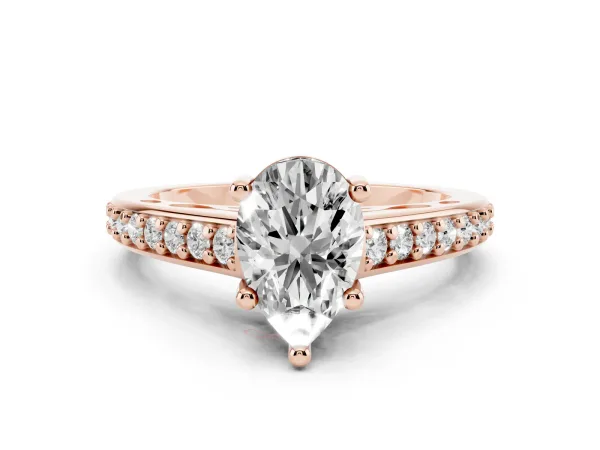 Pear Cut Solitaire Prong Set Diamond Engagement Ring with Pave Band Rose gold