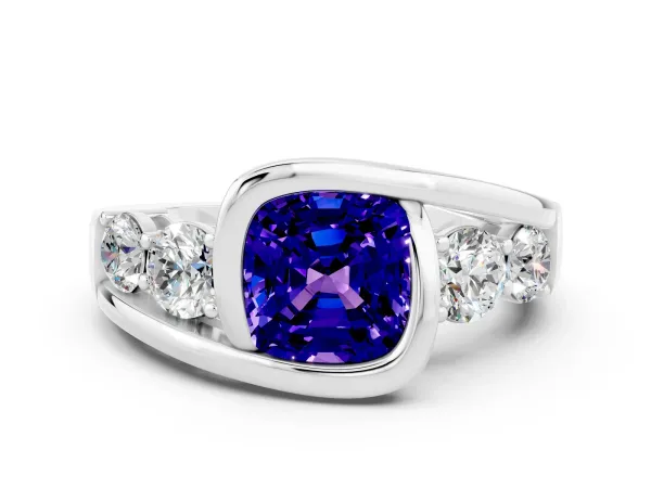 Bezel Set Cushion Cut Tanzanite Bypass Ring with Round Accents Platinum