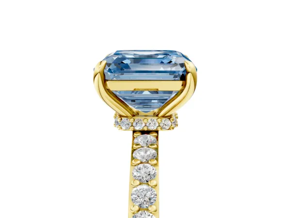 Fancy Blue Asscher Cut Diamond Solitaire Engagement Ring with Pavé Band and Four-Prong Setting Yellow gold