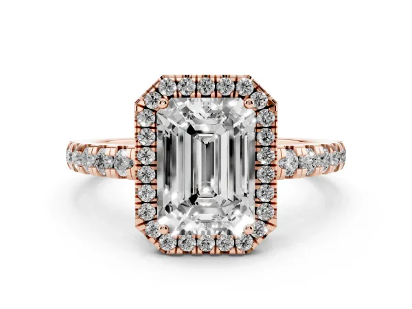 Emerald Cut Diamond Halo Ring with Pavé Band and Four-Prong Setting Rose gold