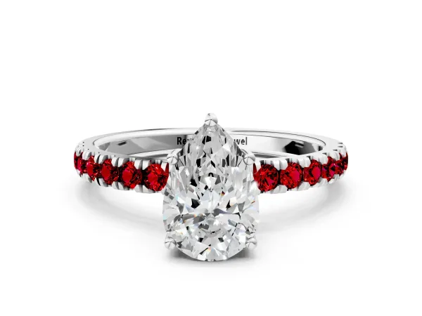 Pear Cut Diamond Pave Band Solitaire Ring with Round Ruby and Prong Setting White gold