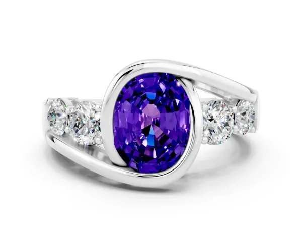 Bezel Set Oval Cut Tanzanite Bypass Ring with Round Accents Platinum