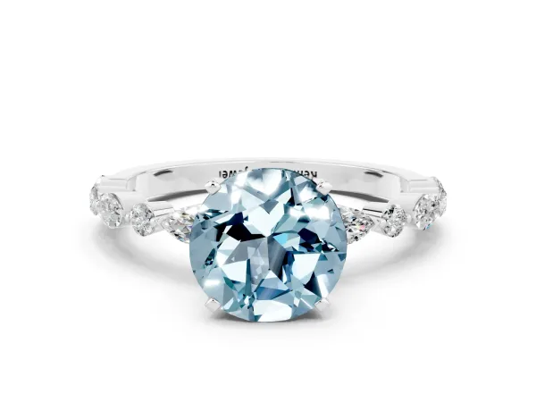 Round Cut Aquamarine Ring with Marquise and Round Side Stones and Four-Prong Setting Silver