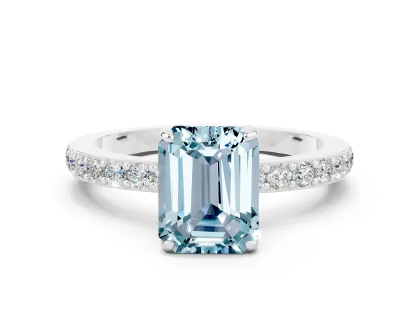 Emerald Cut Aquamarine Solitaire Engagement Ring with Pavé Band and Four-Prong Setting Platinum