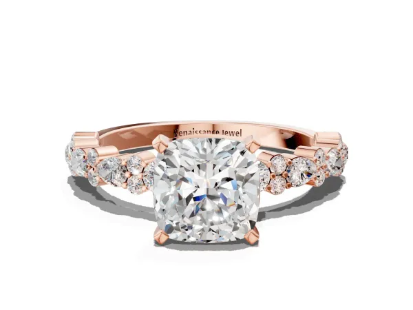 Cushion Cut Diamond Side Stone Solitaire Ring with Round and Four-Prong Setting Rose gold