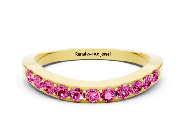 Round Pink Sapphire Curved Wedding Band with Channel Setting Yellow gold