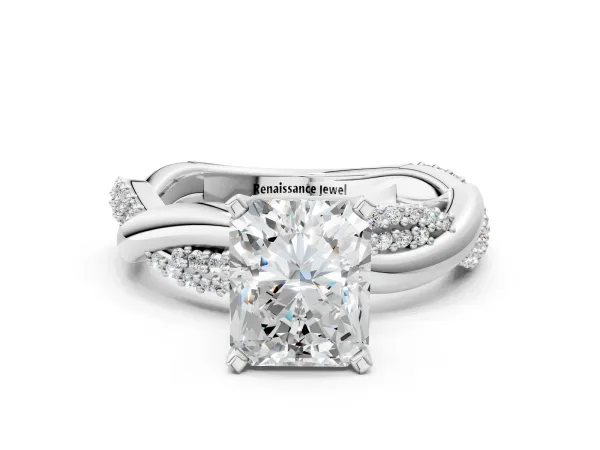 Radiant Cut Solitaire Twist Band with Pave Prong Setting Platinum