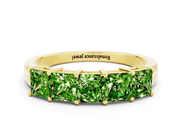 Princess Cut Five-Stone Peridot Band with Prong Setting Yellow gold
