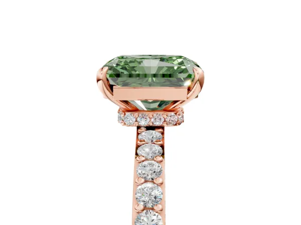 Fancy Green Radiant Cut Diamond Solitaire Engagement Ring with Pavé Band and Four-Prong Setting Rose gold