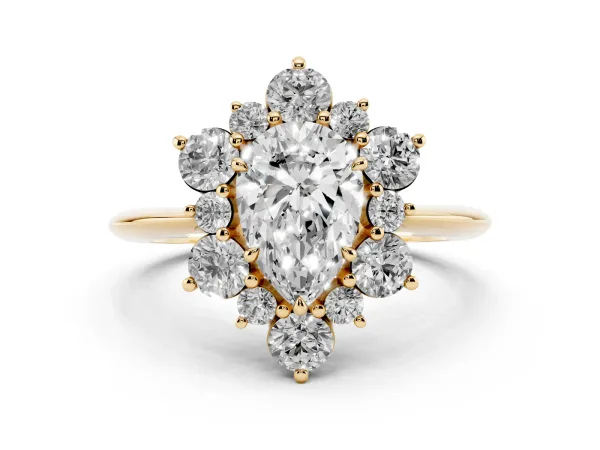 Pear Cut Diamond Cluster Halo Ring with Solitaire Band and Four-Prong Setting Yellow gold