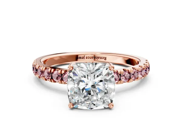 Cushion Cut Diamond Pave Band Solitaire Ring with Round Morganite and Prong Setting Rose gold